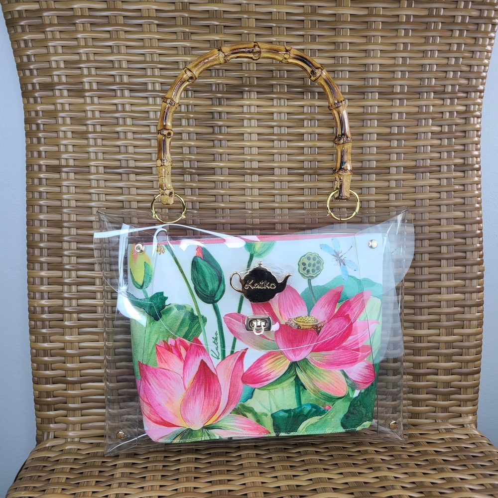 Katko Lotus Handbag Purse Bag Floral Canvas Insert Bamboo Handle Shell Pink